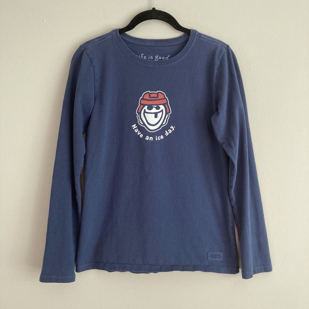 Life is Good Womens Have An Ice Day Hockey Darkest Blue LS Crusher Tee Size XS